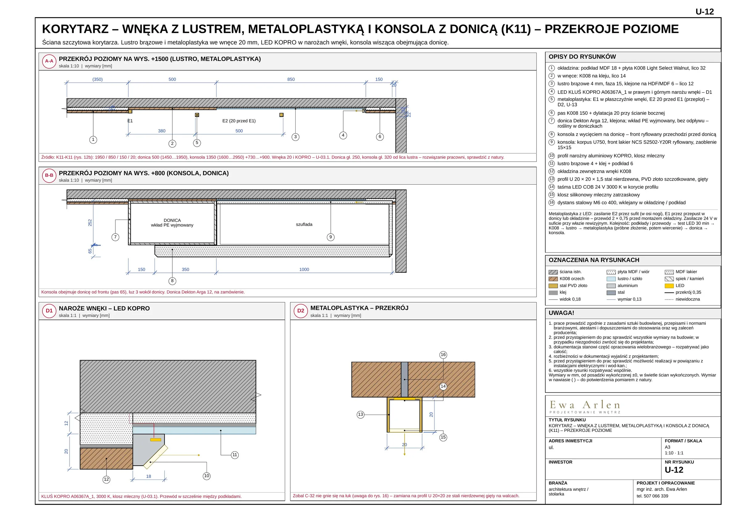 U-12. Korytarz. Lustro, metaloplastyka i konsola z donicą